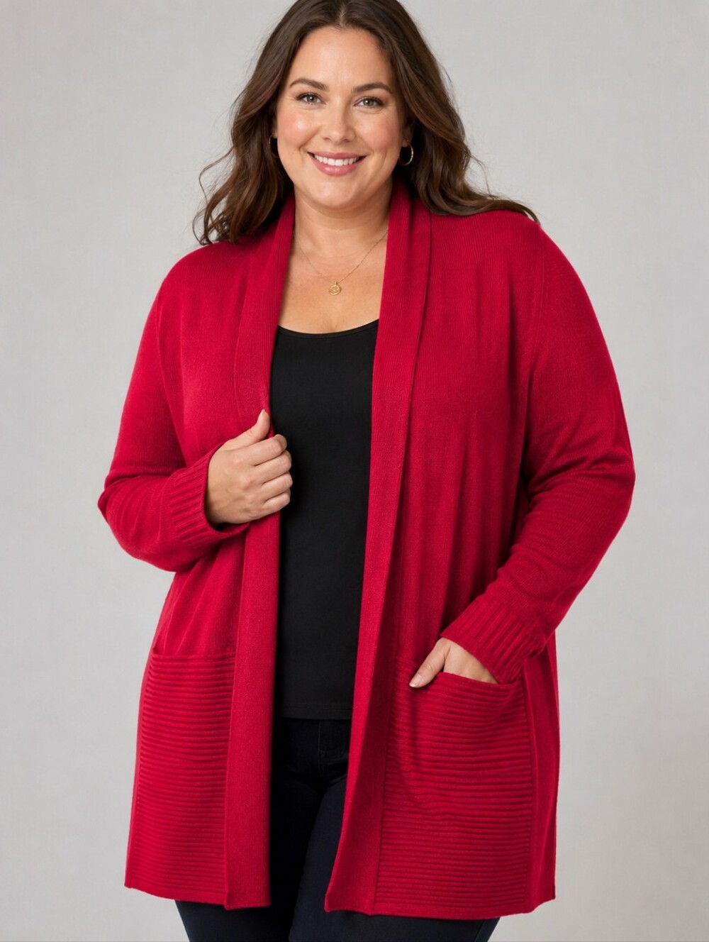 JM Collection Bright Red Open-Front Cardigan